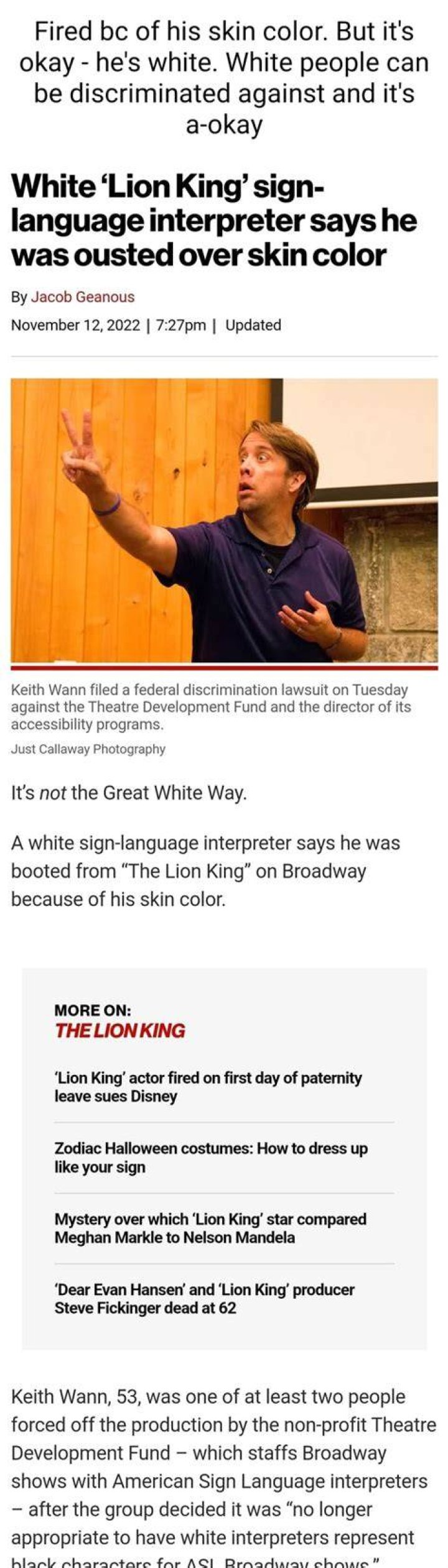 
Keith Wann Stated That He Was Fired From “The Lion King” Due To His Skin Color 
